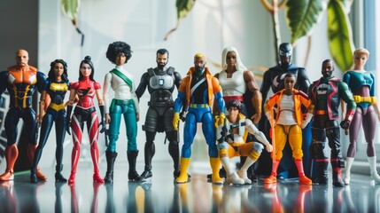 A collection of diverse action figures standing side by side on a tabletop, each figure representing a different profession