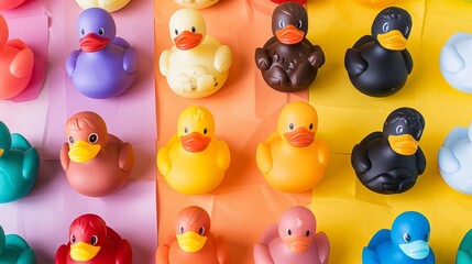 A collection of diverse rubber ducks arranged on a tabletop, each duck representing a different aspect of diversity