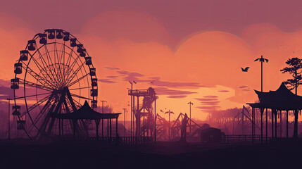 An eerie abandoned amusement park at dusk, with rusted rides silhouetted against a purple-orange sky, a lone carousel turning slowly in the wind, evoking feelings of nostalgia and unease, Illustration