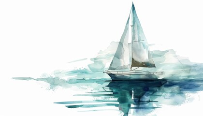 A watercolor painting of a minimalistic sailboat drifting on a serene sea, Clipart isolated on white background