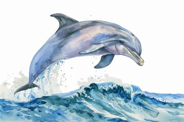 A watercolor painting of a friendly dolphin jumping over ocean waves, Clipart isolated on white background