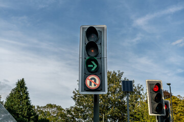 Red traffic light illuminated on a stoplight 