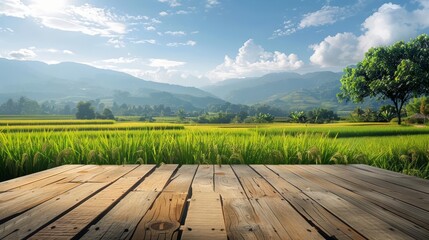 A wooden table adjacent to rice fields stretches into the distance, offering a tranquil view of rural beauty, Sharpen 3d rendering background