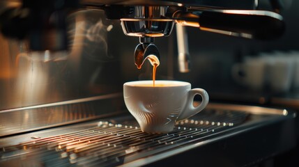 A cup of coffee being poured into a coffee machine