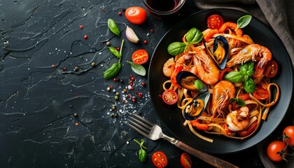 Discover the rich flavors of Italian cuisine with a plate of sauteed seafood pasta, with a solid background and copy space on center for advertise