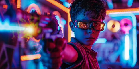 Fototapeta premium A young boy with laser tag glasses and an elaborate gun aiming at the camera, set against neon lights in a scifi setting. The scene is filled with dynamic action and vibrant colors.