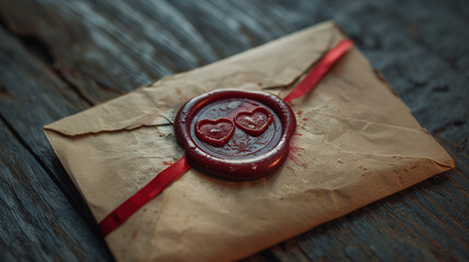 Vintage love letter with two hearts on wax seal, romantic dedication