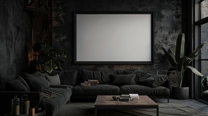 In a dark and stylish living room, a 3D Mockup frame brings contrast and focus to the sophisticated space, 3D render sharpen