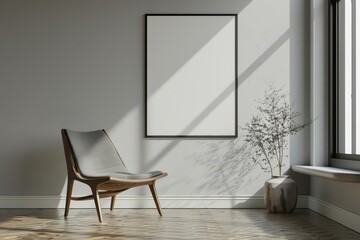 In a minimalist modern interior, a 3D Mockup frame subtly emphasizes the sleek lines and clean aesthetics, 3D render sharpen