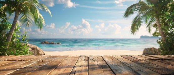 Obraz premium Set against the backdrop of a tropical beach, the wooden table serves as a perfect spot for viewing the summer sea seen, Sharpen 3d rendering background