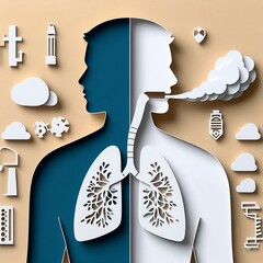 asthma disease, world asthma day card of papercut 3d person silhouette with comparison of healthy airway vs asthmatic airway in papercut illustration with space for copy created with generative ai - obrazy, fototapety, plakaty
