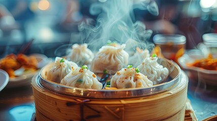 Savory Dim Sum: Steaming hot dumplings served with tangy soy-based dipping sauce, a popular choice for dim sum lovers.
