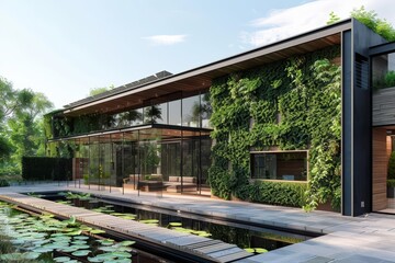Sustainable Building techniques are visualized in a contemporary building with solar panels and green walls, Interior 3d render Sharpen highdetail realistic concept
