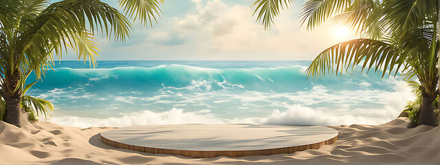 Obraz premium Beach podium summer background sand product 3D sea display platform. Beach podium summer banner stand scene sale sky holiday vacation stage water island sun travel pedestal promotion presentation ad.