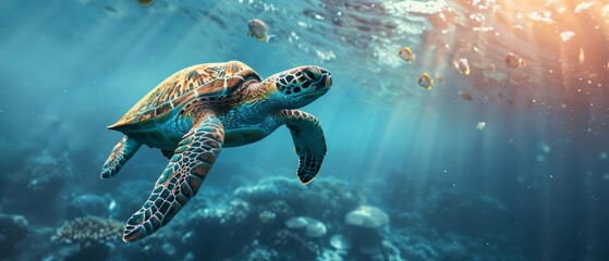The Creative Banner of marine conservation features sea turtles in their natural habitat, and element of main concept with solid color background and with large copy space for text