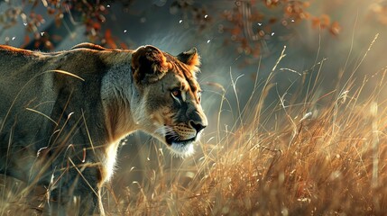 Stalking Prey: An agile lioness silently tracking down potential prey in the wild.