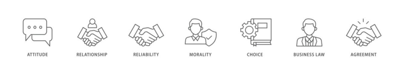 Business ethics icon packs for your design digital and printing of attitude, relationship, reliability, morality, choice, business law and agreement icon live stroke and easy to edit 