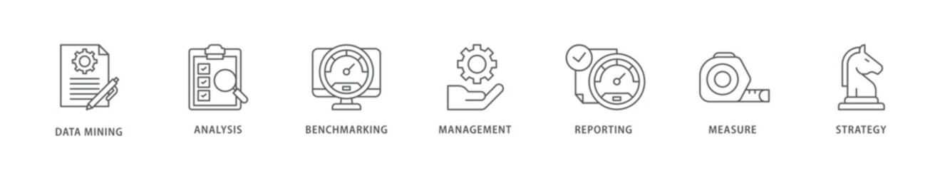 Obraz premium Business intelligence icon packs for your design digital and printing of data mining, analysis, benchmarking, management, reporting, measure, and strategy icon live stroke and easy to edit 