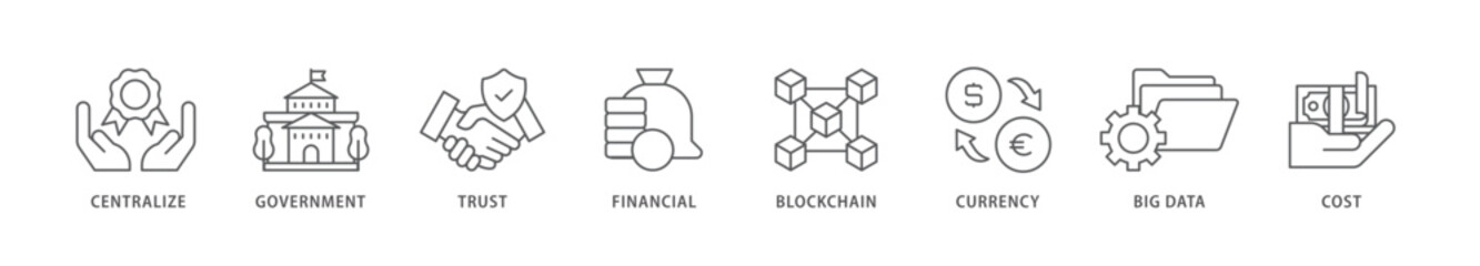 Cbdc icon packs for your design digital and printing of centralize, government, trust, financial, blockchain, currency, big data and cost icon live stroke and easy to edit 