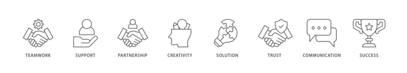 Collaboration icon packs for your design digital and printing of teamwork, support, partnership, creativity, solution, trust, communication, success icon live stroke and easy to edit 