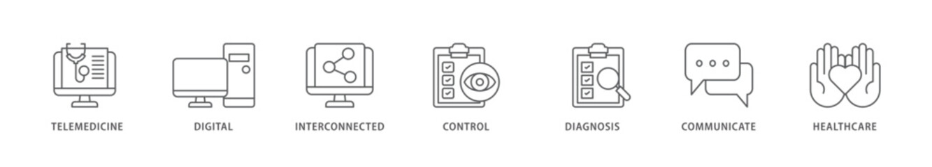 Digital health icon packs for your design digital and printing of e health, telemedicine, interconnected, smartwatch, diagnosis, email, and medical app icon live stroke and easy to edit 