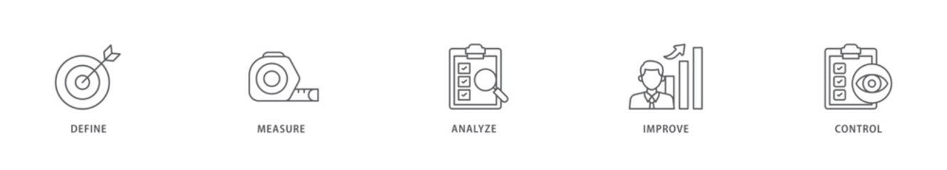 Dmaic icon packs for your design digital and printing of management, performance, development, target icon live stroke and easy to edit 