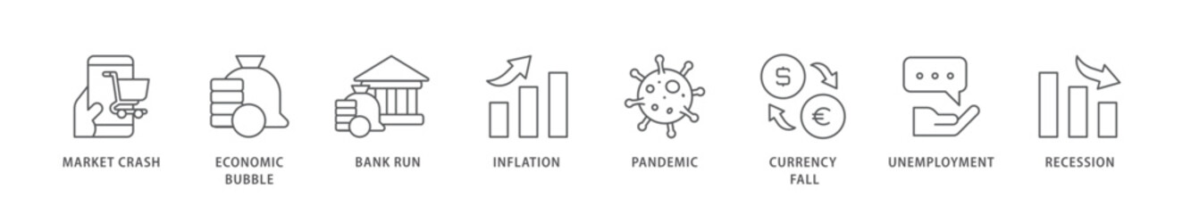 Economic crisis icon packs for your design digital and printing of recession, unemployment, inflation, currency fall, pandemic, bank run icon live stroke and easy to edit 