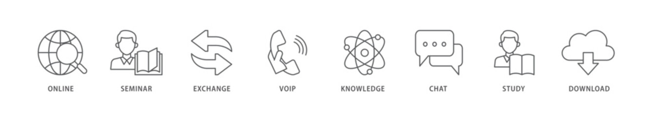 E learning icon packs for your design digital and printing of online, seminar, exchange, voip, knowledge, chat, study and download icon live stroke and easy to edit 