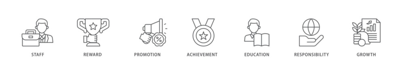 Employee motivation icon packs for your design digital and printing of staff, reward, promotion, achievement, education, responsibility and growth icon live stroke and easy to edit 