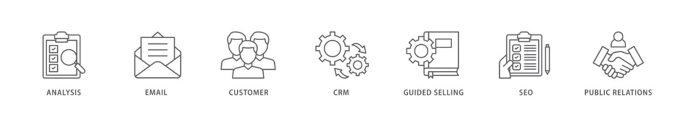 Inbound marketing icon packs for your design digital and printing of analysis, email, customer, crm, guided selling, seo and public relations icon live stroke and easy to edit 
