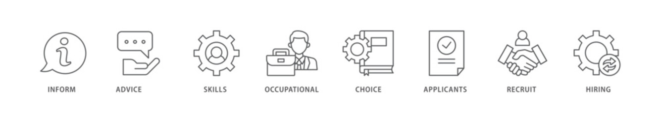 Job fair icon packs for your design digital and printing of the information, advice, skills, occupational, applicants, recruit, and hiring icon live stroke and easy to edit 