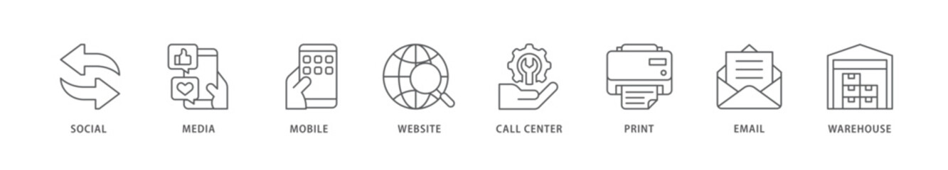 Omnichannel icon packs for your design digital and printing of social media, mobile, website, call center, print, email, and warehouse icon live stroke and easy to edit 