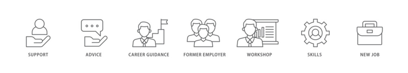 Outplacement icon packs for your design digital and printing of mer employer, workshop, skills, new job, training, and presentation icon live stroke and easy to edit 