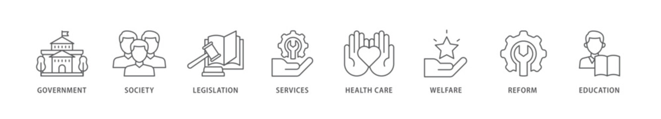 Social policy icon packs for your design digital and printing of education, reform, services, welfare, health care ,legislation, society, government icon live stroke and easy to edit 