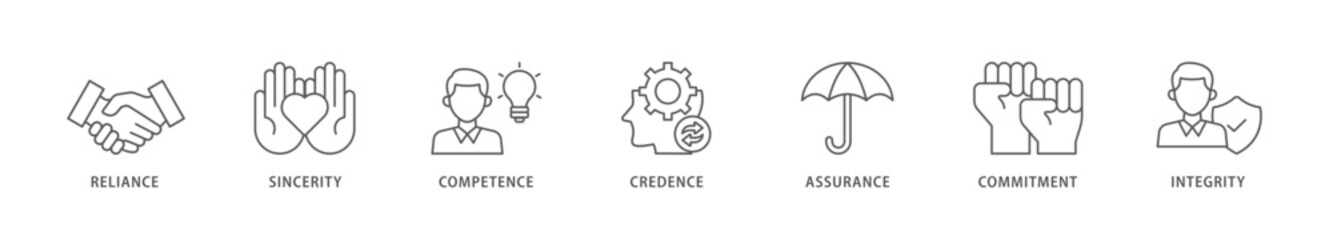 Trust icon packs for your design digital and printing of integrity, credence, commitment, assurance, competence, sincerity, reliance icon live stroke and easy to edit 