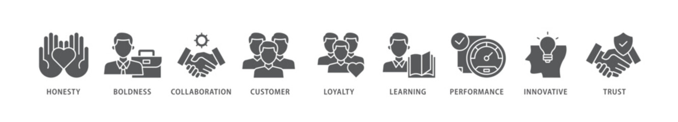 Company values icon packs for your design digital and printing of honesty, boldness, collaboration, customer loyalty, learning, performance, innovative, trust icon live stroke and easy to edit 