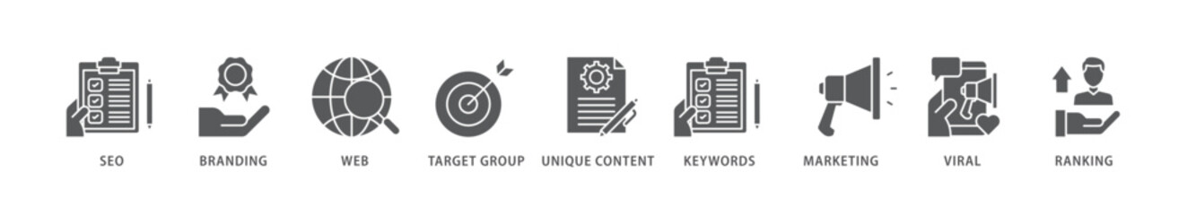 Content is king icon packs for your design digital and printing of seo, branding, web, target group, unique content, keywords, marketing, viral and ranking icon live stroke and easy to edit 
