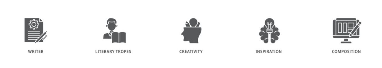 Creative writing icon packs for your design digital and printing of writer, literary tropes, creativity, idea, inspiration, and composition icon live stroke and easy to edit 