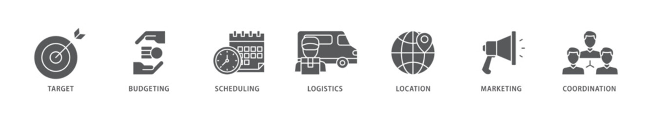 Event management icon packs for your design digital and printing of target, budgeting, scheduling, logistics, location, marketing, and coordination icon live stroke and easy to edit 