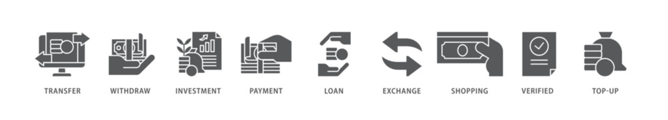 Mobile banking icon packs for your design digital and printing of transfer, withdraw, investment, payment, loan, exchange, shopping, verified and top up icon live stroke and easy to edit 