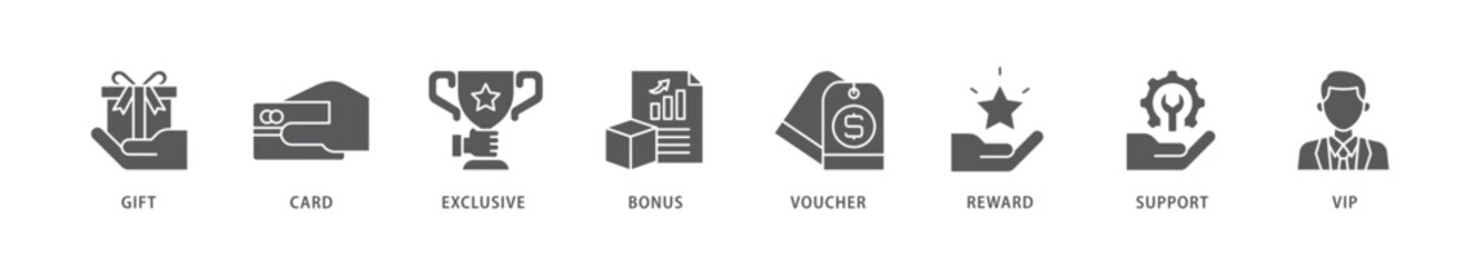 Loyalty program icon packs for your design digital and printing of vip, support, bonus, reward, voucher, exclusive, card, gift icon live stroke and easy to edit 