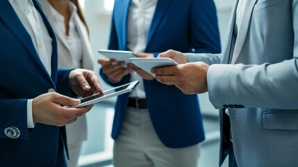 Professional team using tablets in modern business environment.