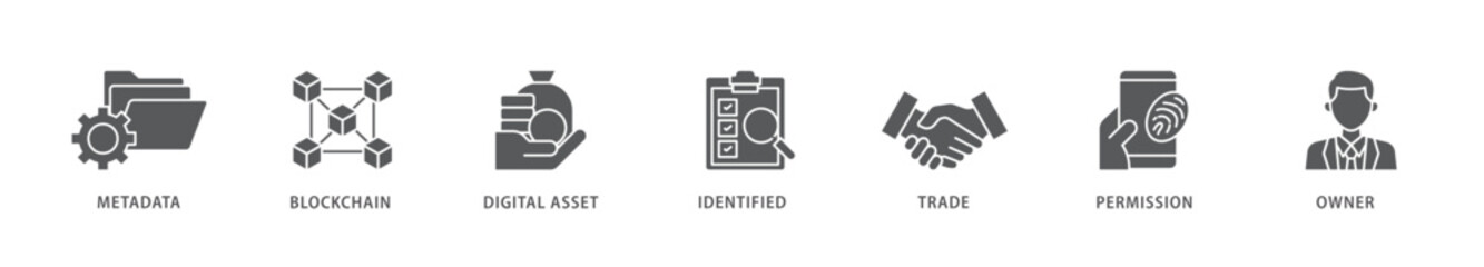 Nft icon packs for your design digital and printing of metadata, blockchain, digital asset, identified, trade, permission and owner icon live stroke and easy to edit 