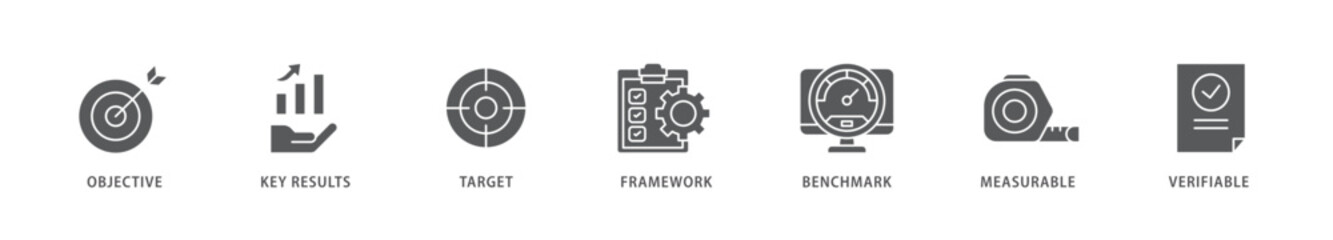 OKR icon packs for your design digital and printing of objective, key results, target, framework, benchmark, measurable, and verifiable icon live stroke and easy to edit 