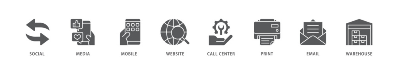 Omnichannel icon packs for your design digital and printing of social media, mobile, website, call center, print, email, and warehouse icon live stroke and easy to edit 