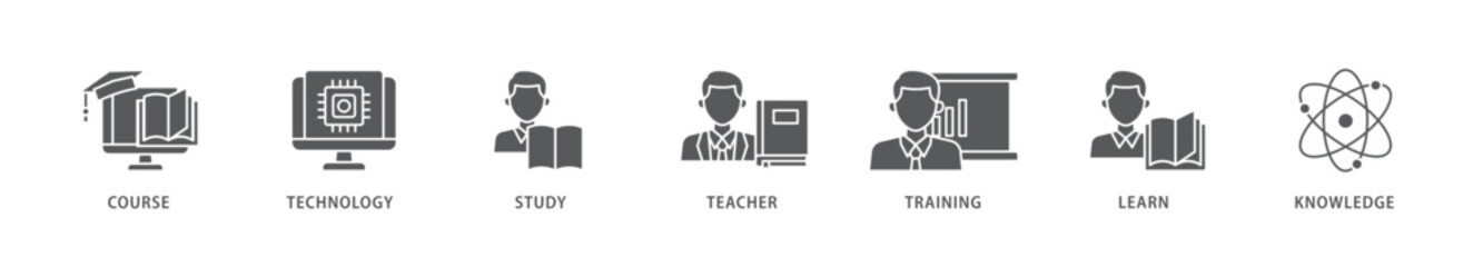 Online education icon packs for your design digital and printing of course, technology, study, teacher, training, learn and knowledge icon live stroke and easy to edit 