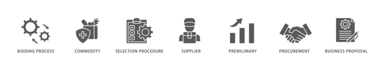 Rfp icon packs for your design digital and printing of business proposal, supplier, procurement, premilimary, selection procedure, commodity, bidding process icon live stroke and easy to edit 
