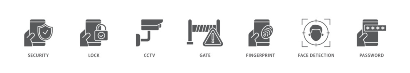 Security system icon packs for your design digital and printing of password, gate, face detection, finger print, cctv, lock, security icon live stroke and easy to edit 