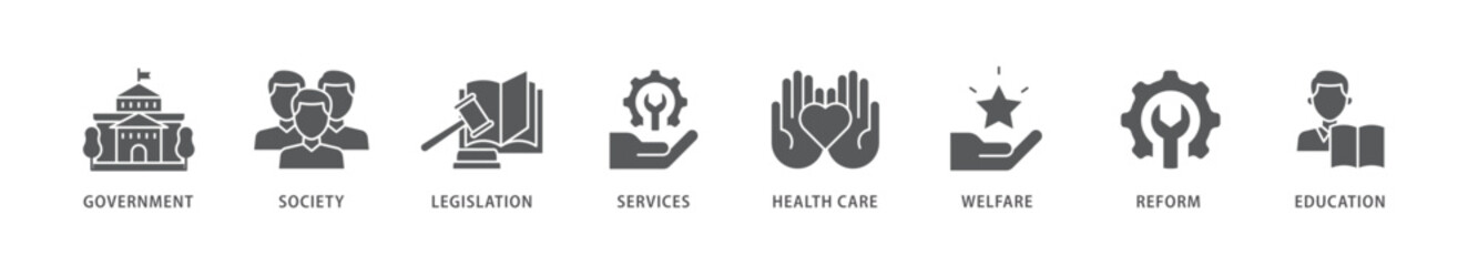 Social policy icon packs for your design digital and printing of education, reform, services, welfare, health care ,legislation, society, government icon live stroke and easy to edit 