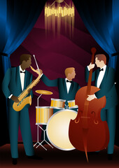 Jazz musicians on a universal background. Double bass, saxophone, drum. Musicians play musical instruments